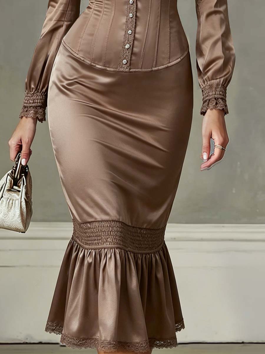Morgan & Brooke | Vintage Ruffled Hem Lace-Trimmed Polyester Dress