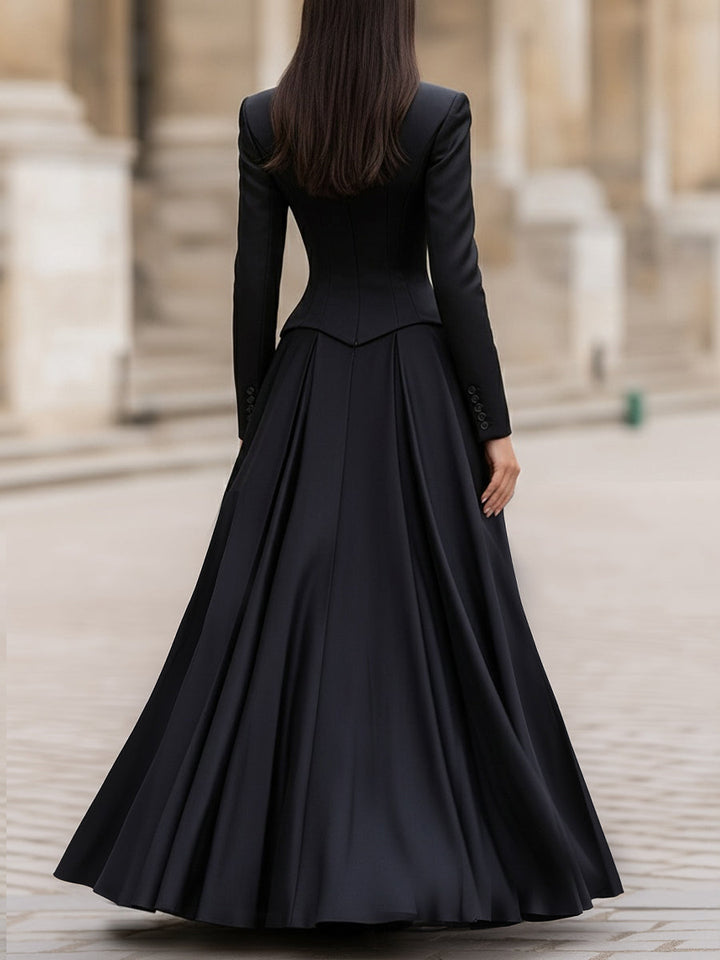 Morgan & Brooke | Black Tailored-Waist Long-Sleeve Crepe Maxi Dress