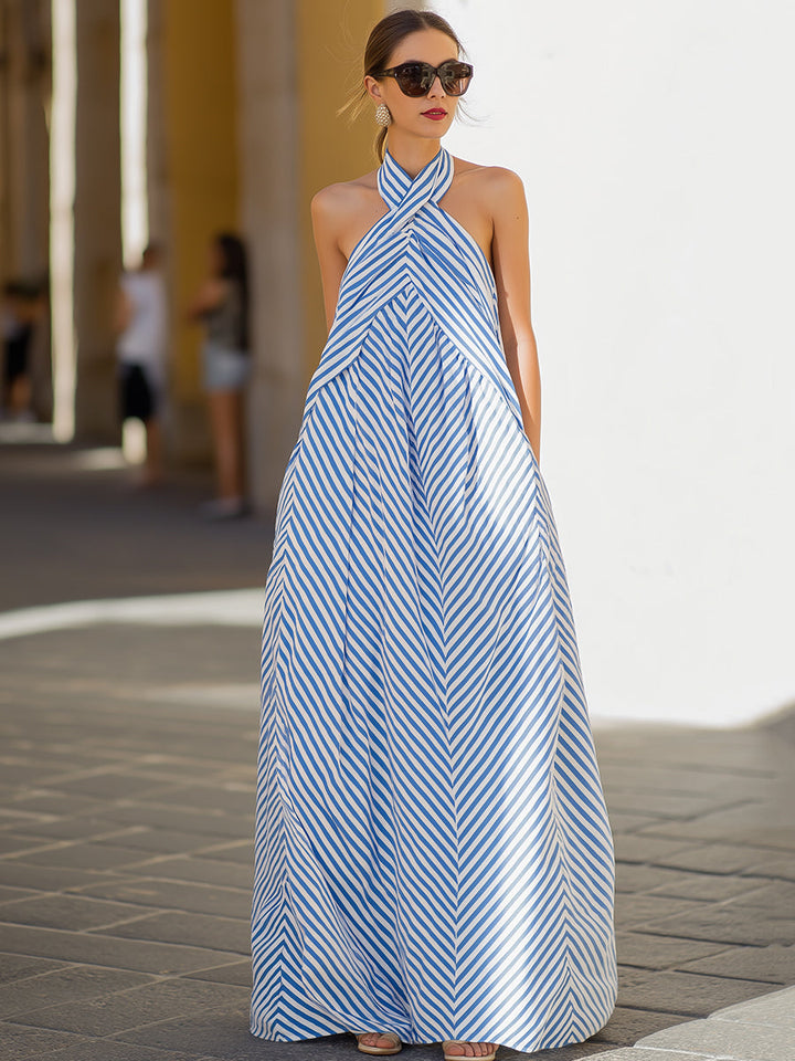 Morgan & Brooke | Navy-White Striped Halter Neck Cotton Maxi Dress