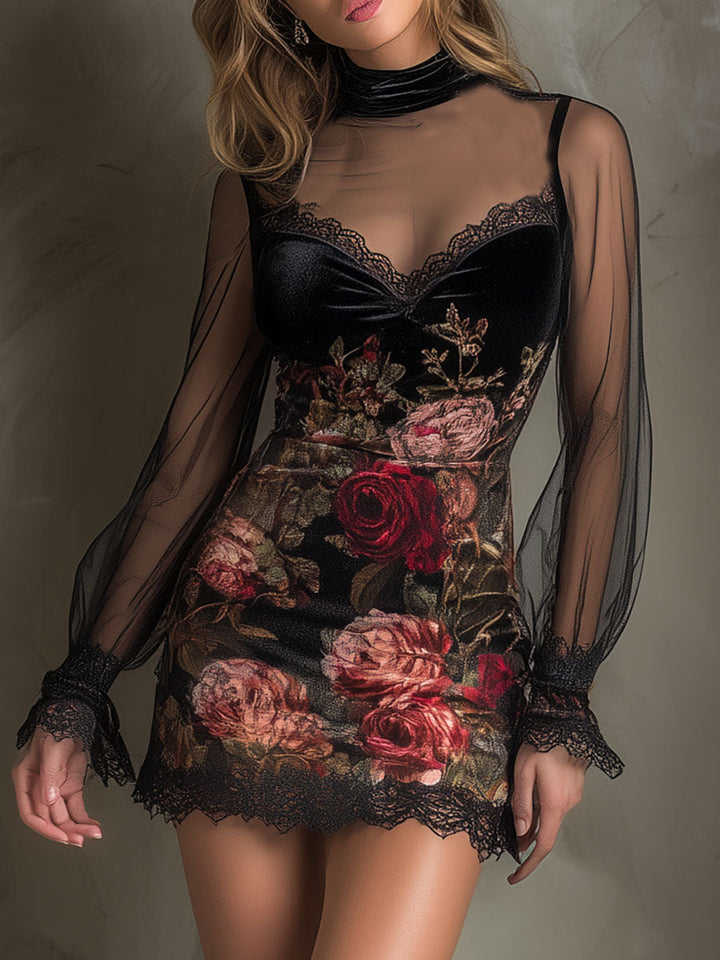 Morgan & Brooke | Velvet Rose Print Sheer Patchwork Dress