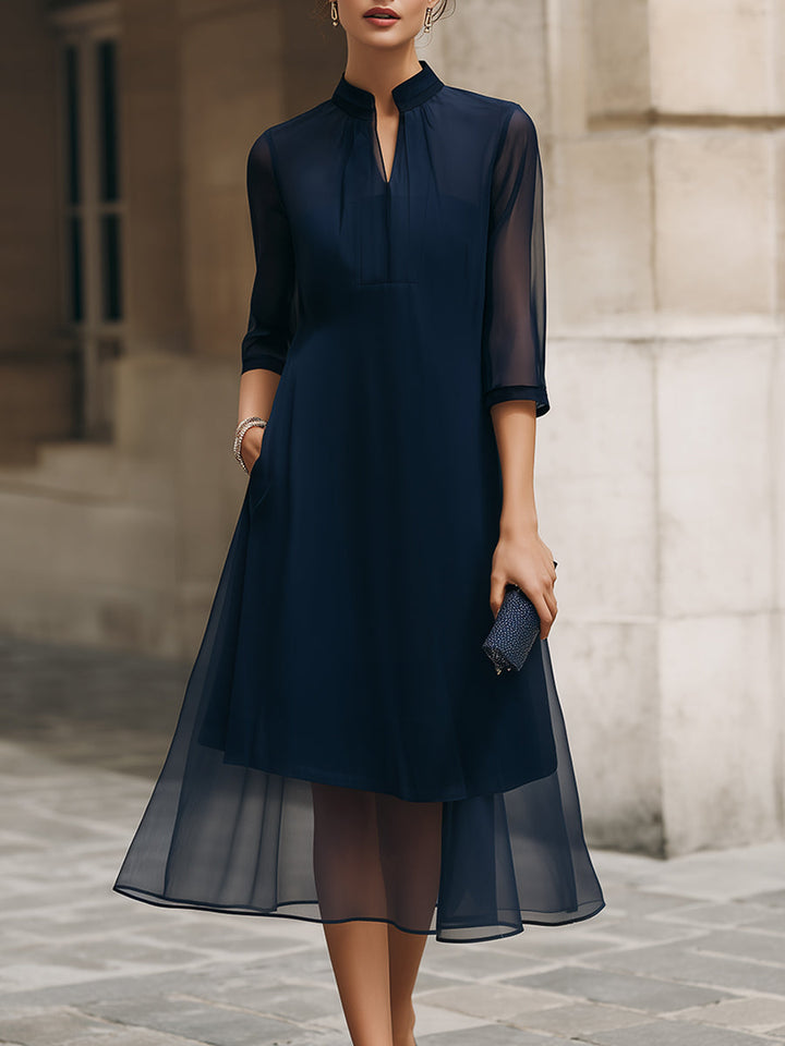 Morgan & Brooke | Black Mandarin Collar Sheer-Overlay Chiffon Midi Dress