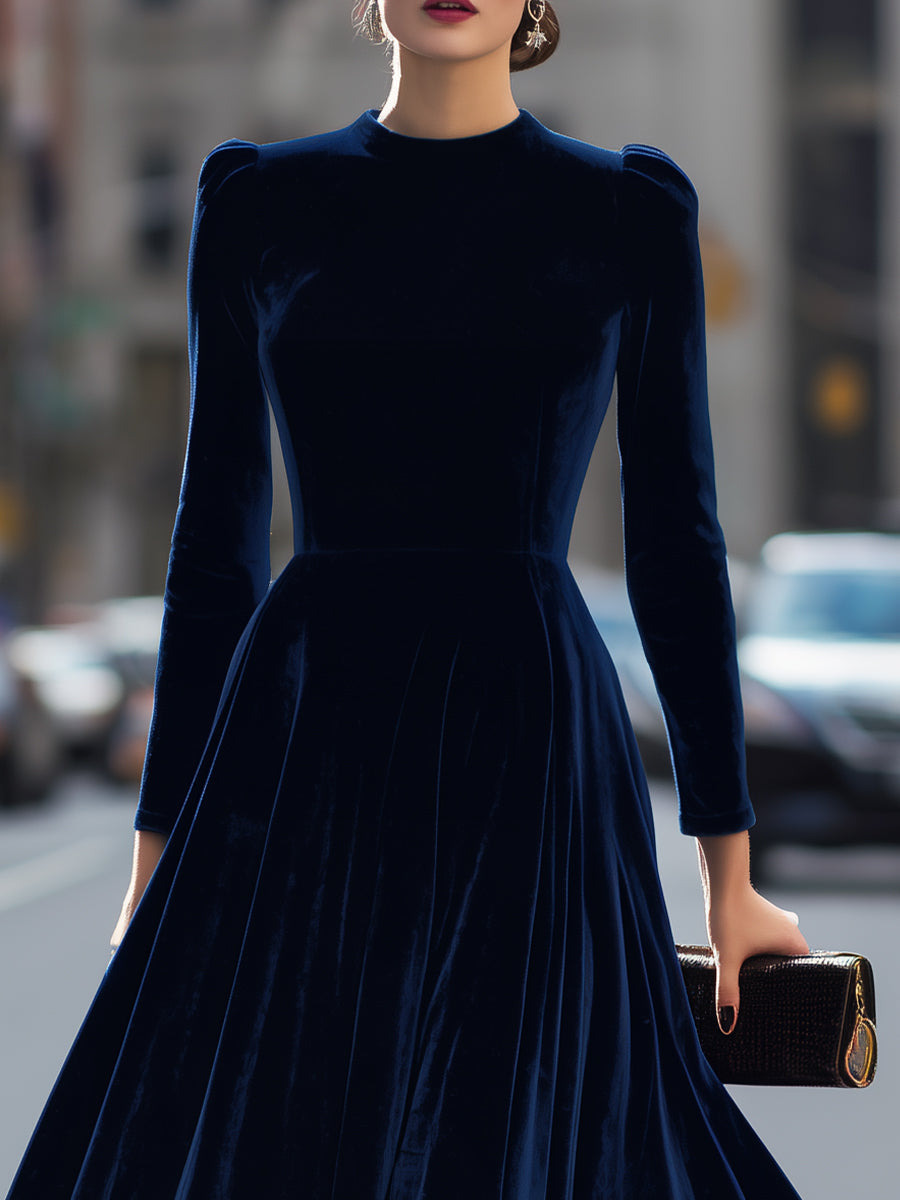 Morgan & Brooke | Navy Blue Long-Sleeve Midi Velvet Dress