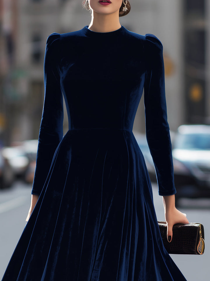 Morgan & Brooke | Navy Blue Long-Sleeve Midi Velvet Dress