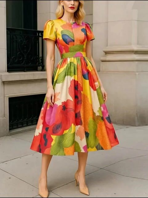 Morgan & Brooke | Red Satin A-Line Pleated Puff Dress