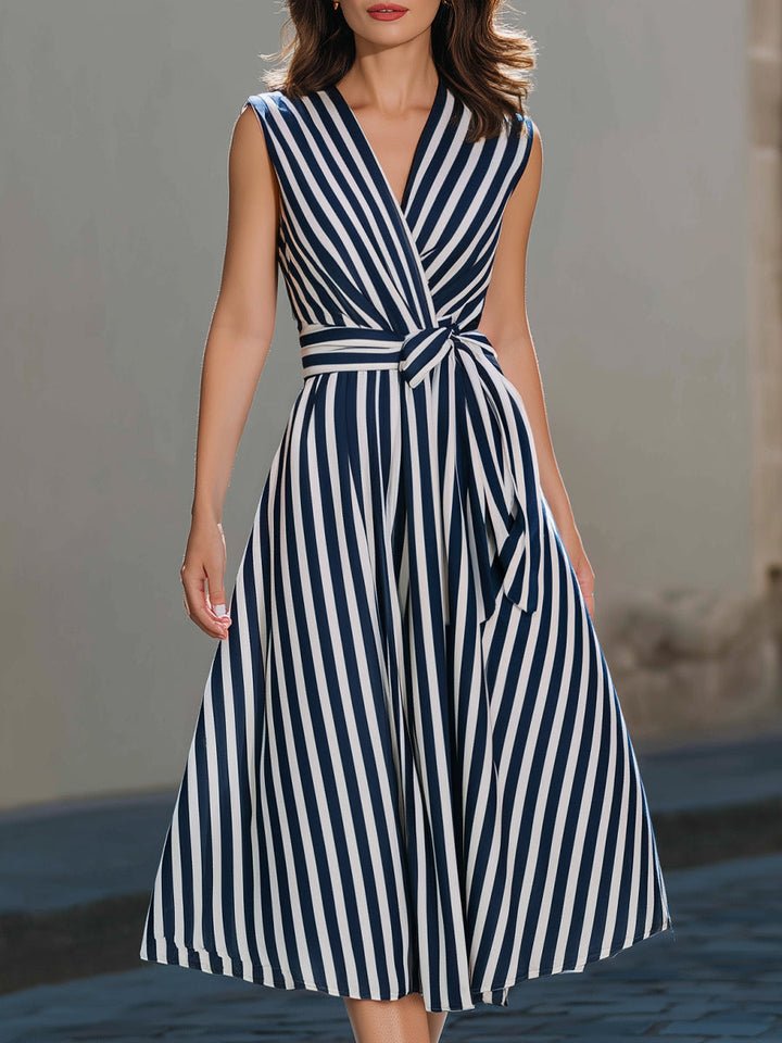 Morgan & Brooke | Navy Sleeveless Wrap Vertical-Stripe Midi Dress