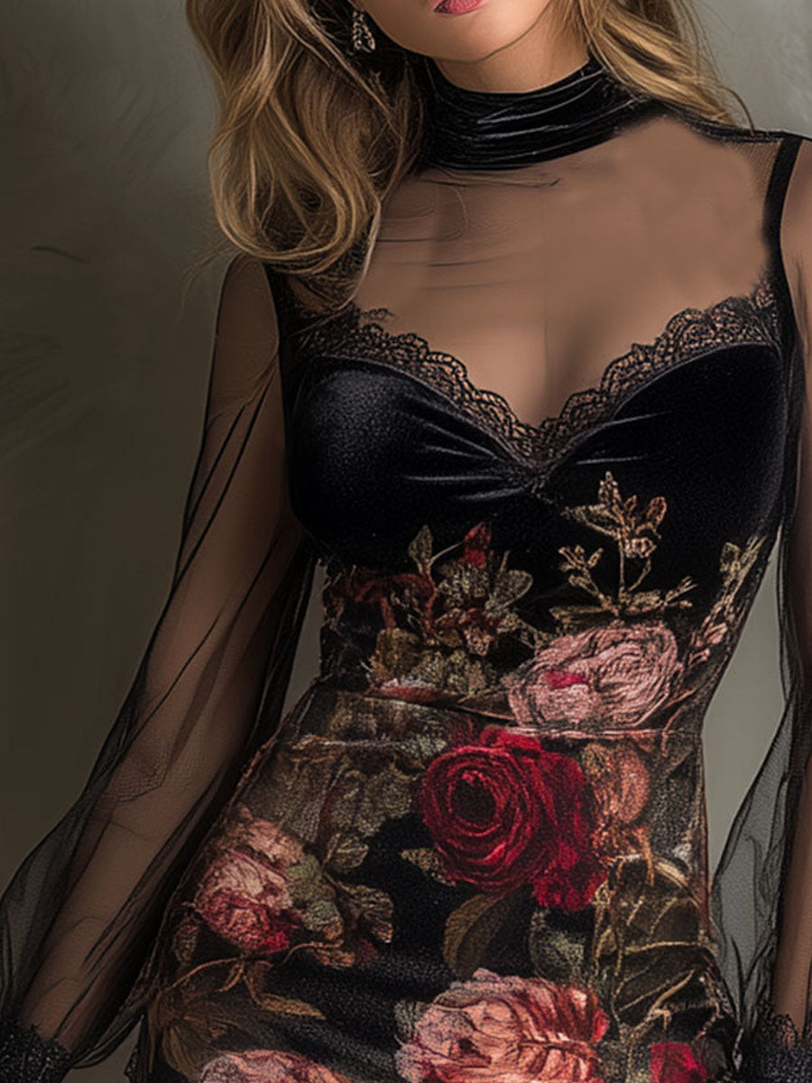 Morgan & Brooke | Velvet Rose Print Sheer Patchwork Dress