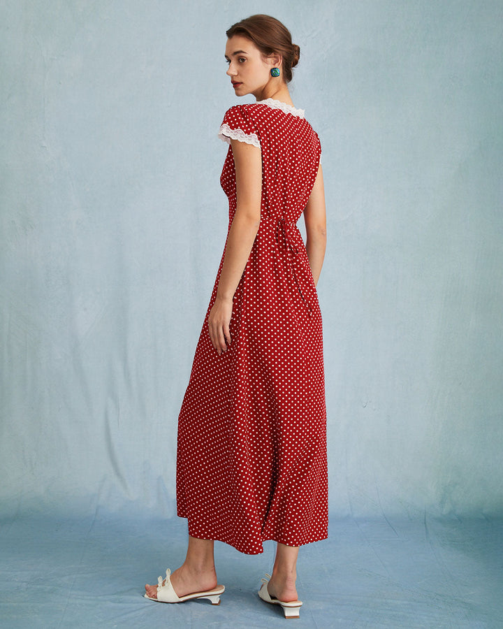 Morgan and Brooke | Red V Neck Polka Dot Lace Maxi Dress