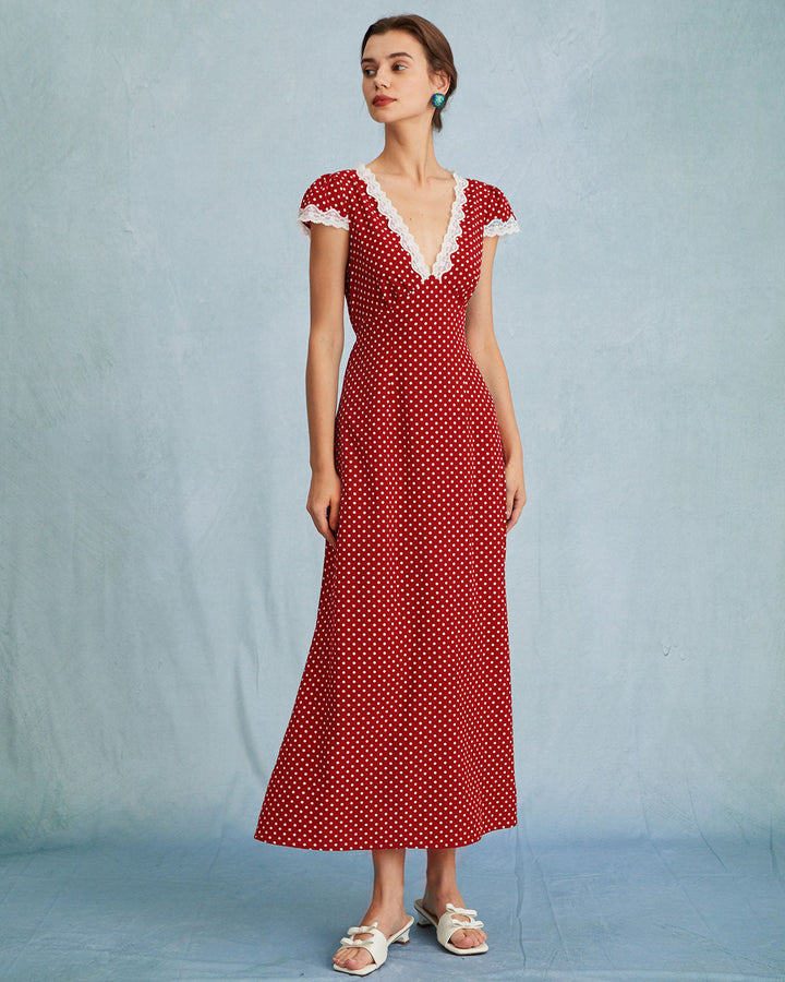Morgan and Brooke | Red V Neck Polka Dot Lace Maxi Dress