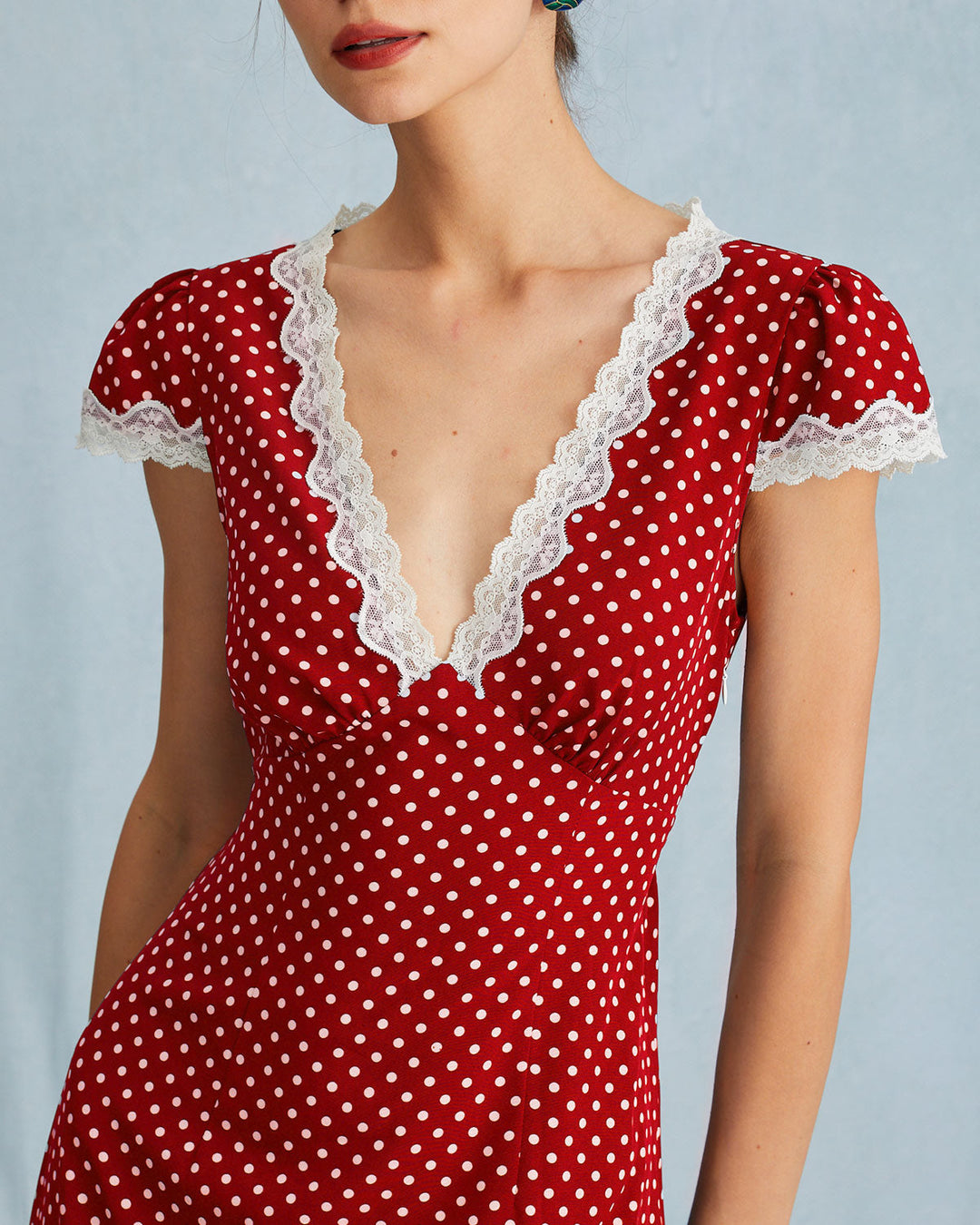 Morgan and Brooke | Red V Neck Polka Dot Lace Maxi Dress