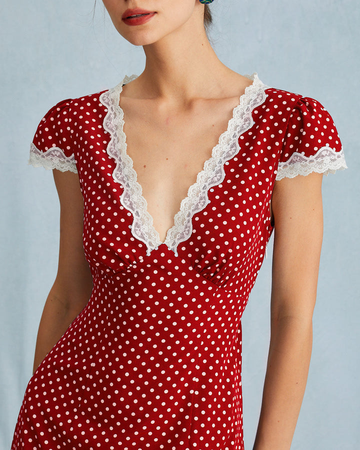 Morgan and Brooke | Red V Neck Polka Dot Lace Maxi Dress