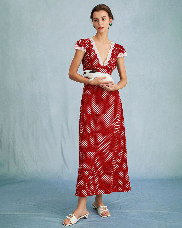 Morgan and Brooke | Red V Neck Polka Dot Lace Maxi Dress