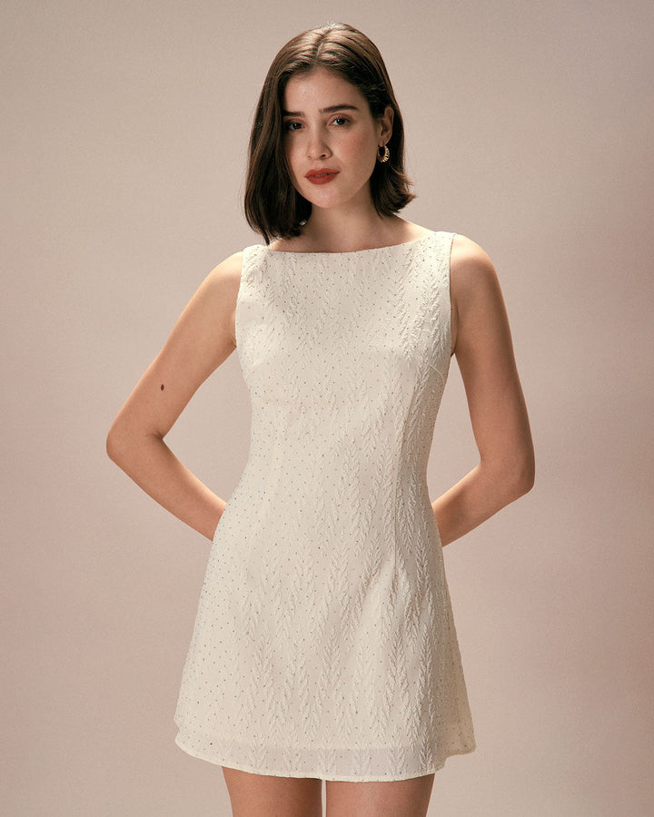 Morgan and Brooke | Beige Boat Neck Textured Mini Dress