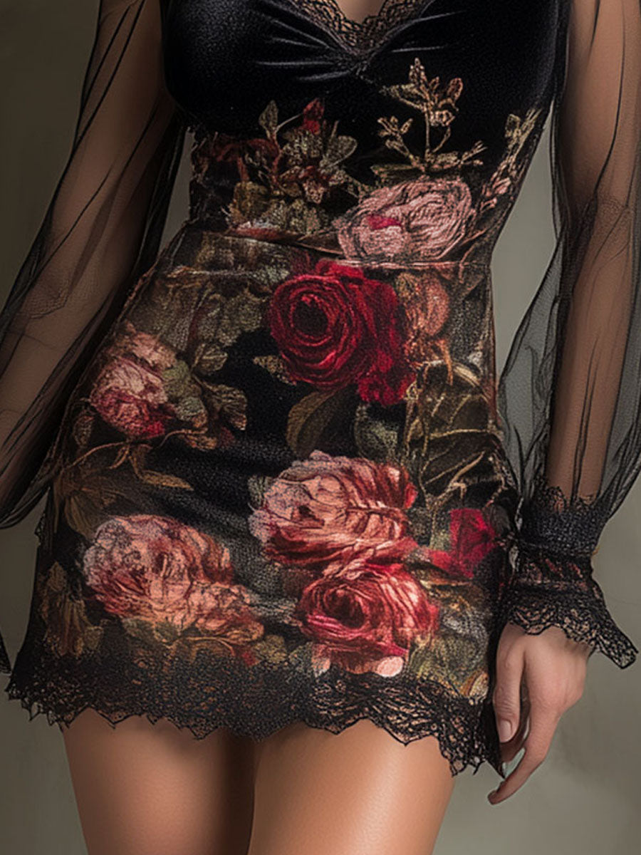 Morgan & Brooke | Velvet Rose Print Sheer Patchwork Dress