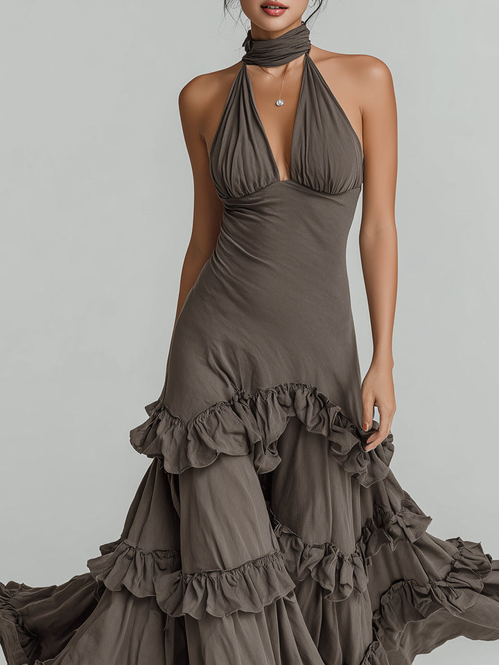 Morgan & Brooke | Ivory Halter Neck Ruffled Viscose Maxi Dress