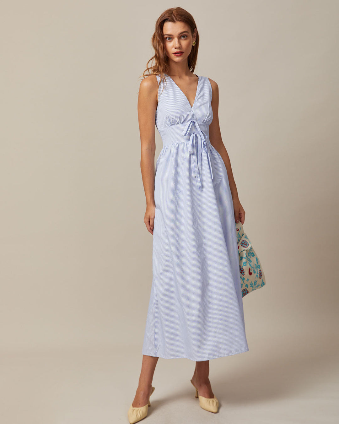 Morgan and Brooke | Blue V Neck Shirred Striped Maxi Dress