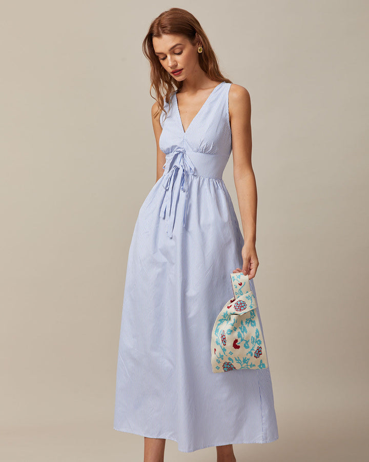 Morgan and Brooke | Blue V Neck Shirred Striped Maxi Dress