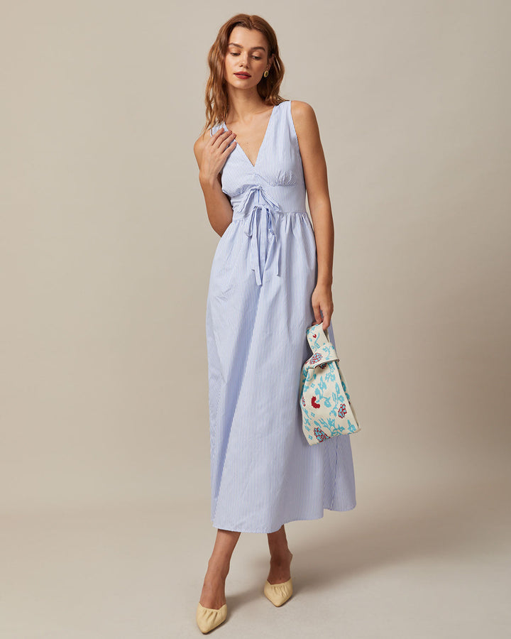 Morgan and Brooke | Blue V Neck Shirred Striped Maxi Dress