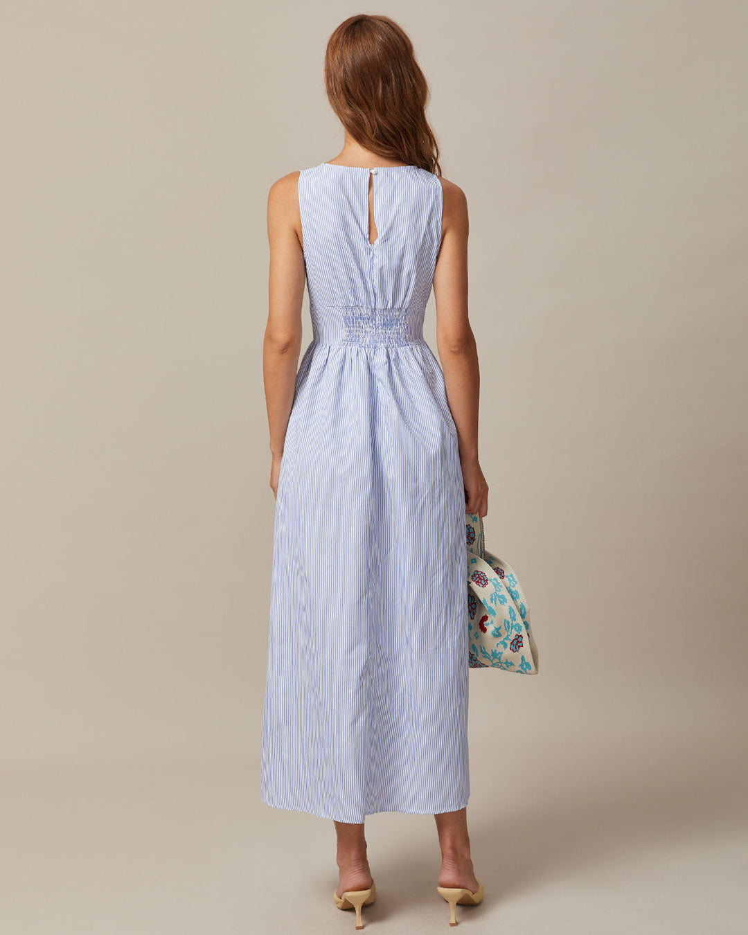Morgan and Brooke | Blue V Neck Shirred Striped Maxi Dress