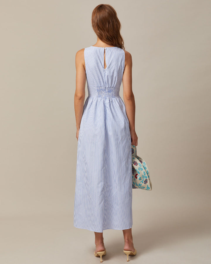 Morgan and Brooke | Blue V Neck Shirred Striped Maxi Dress