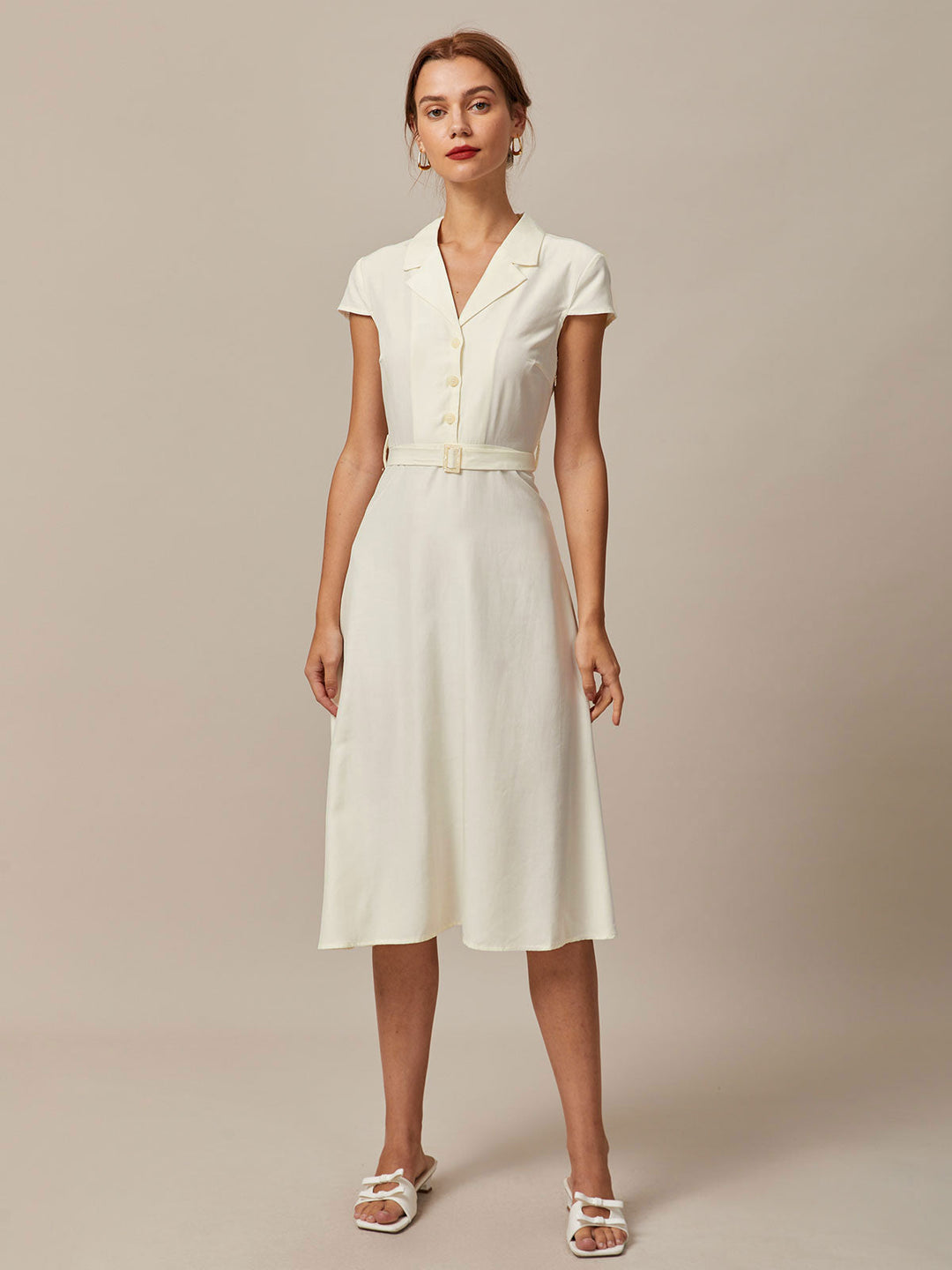 Morgan and Brooke | Beige Lapel Cap Sleeve Midi Dress