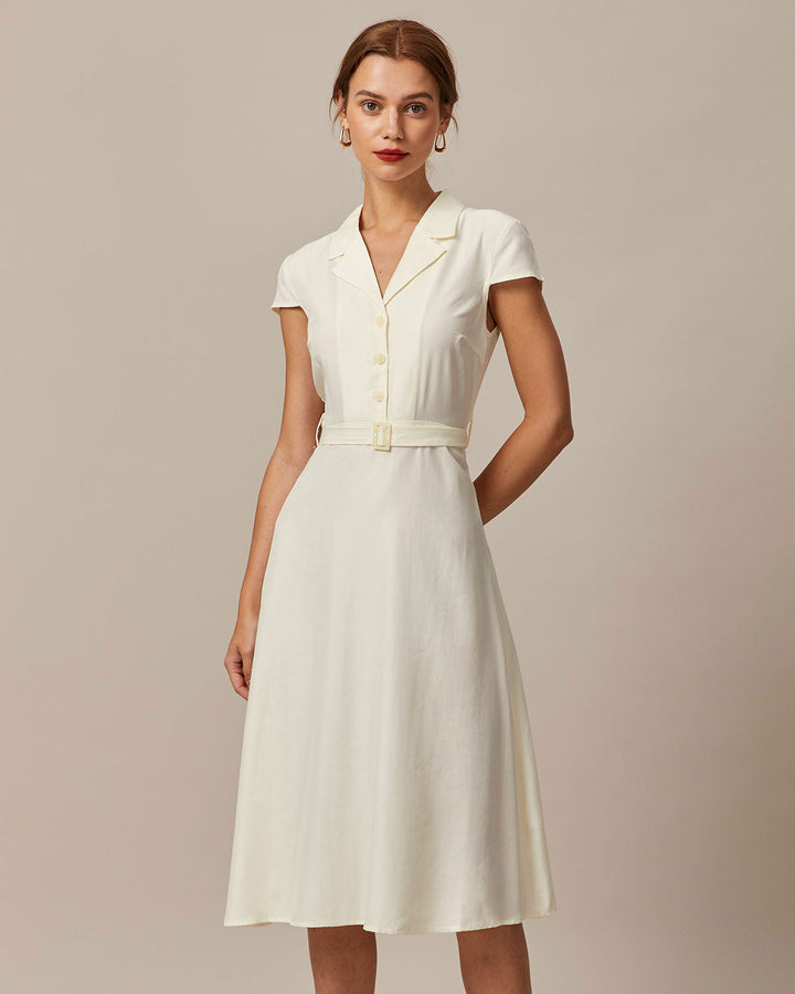 Morgan and Brooke | Beige Lapel Cap Sleeve Midi Dress