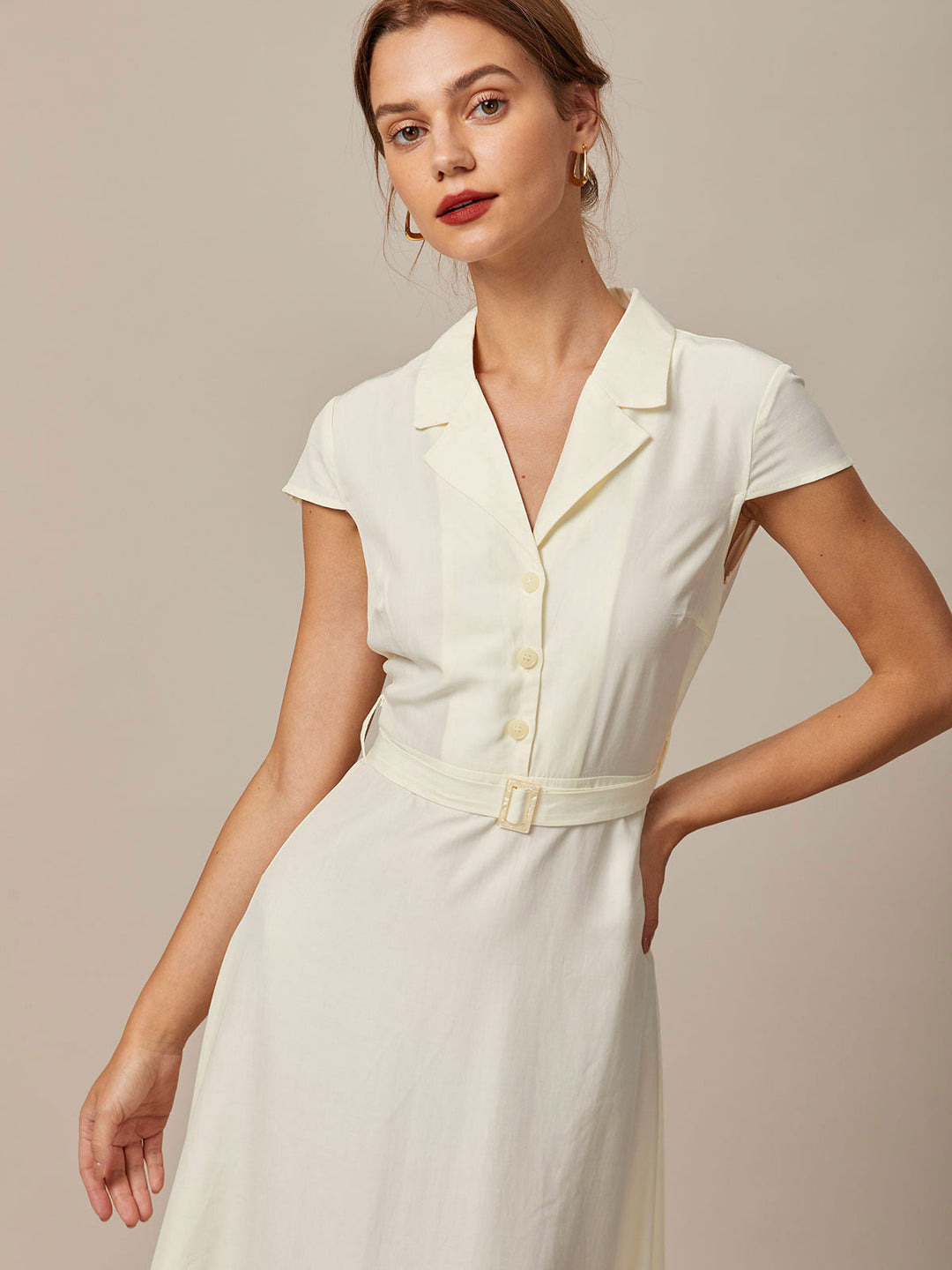 Morgan and Brooke | Beige Lapel Cap Sleeve Midi Dress