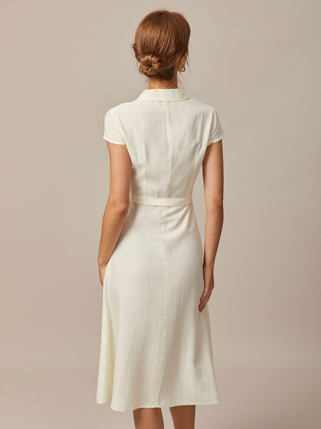 Morgan and Brooke | Beige Lapel Cap Sleeve Midi Dress