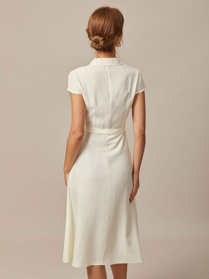 Morgan and Brooke | Beige Lapel Cap Sleeve Midi Dress