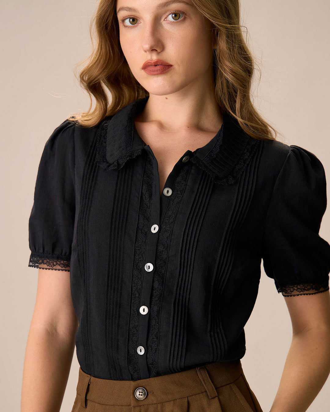 Morgan and Brooke | Lace Trim Cotton Blouse for Women in Black