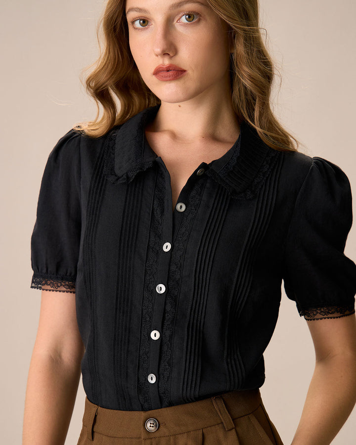 Morgan and Brooke | Lace Trim Cotton Blouse for Women in Black