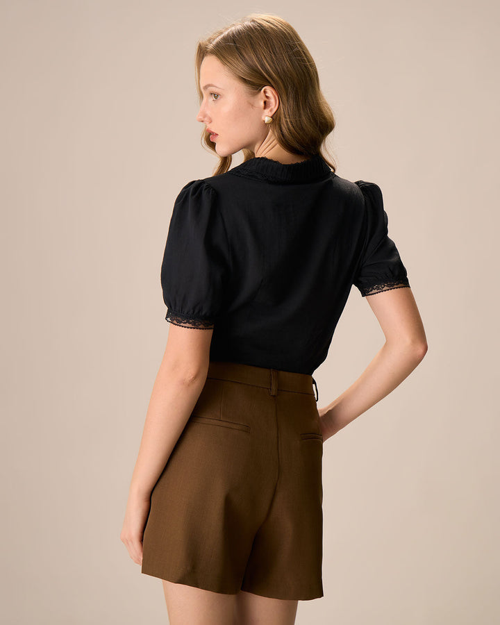 Morgan and Brooke | Lace Trim Cotton Blouse for Women in Black