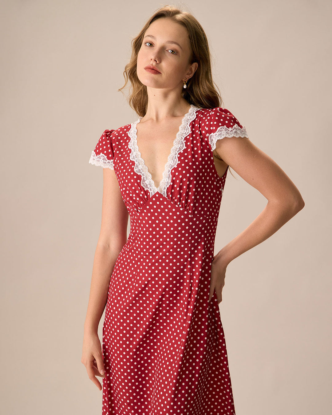 Morgan and Brooke | Red V Neck Polka Dot Lace Maxi Dress
