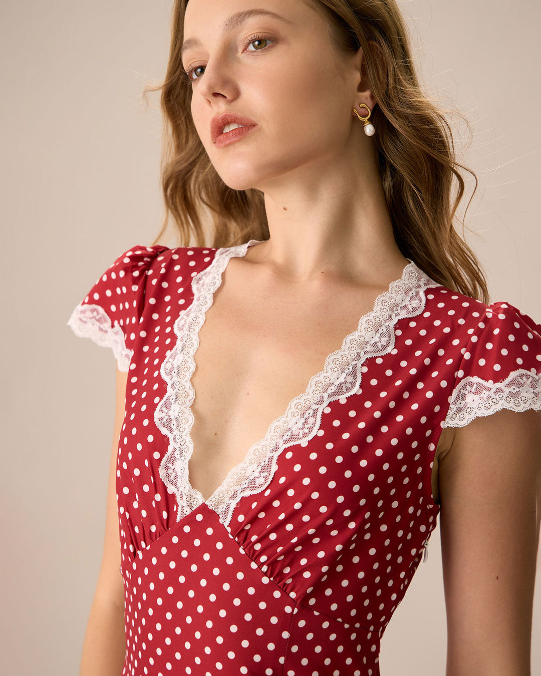 Morgan and Brooke | Red V Neck Polka Dot Lace Maxi Dress