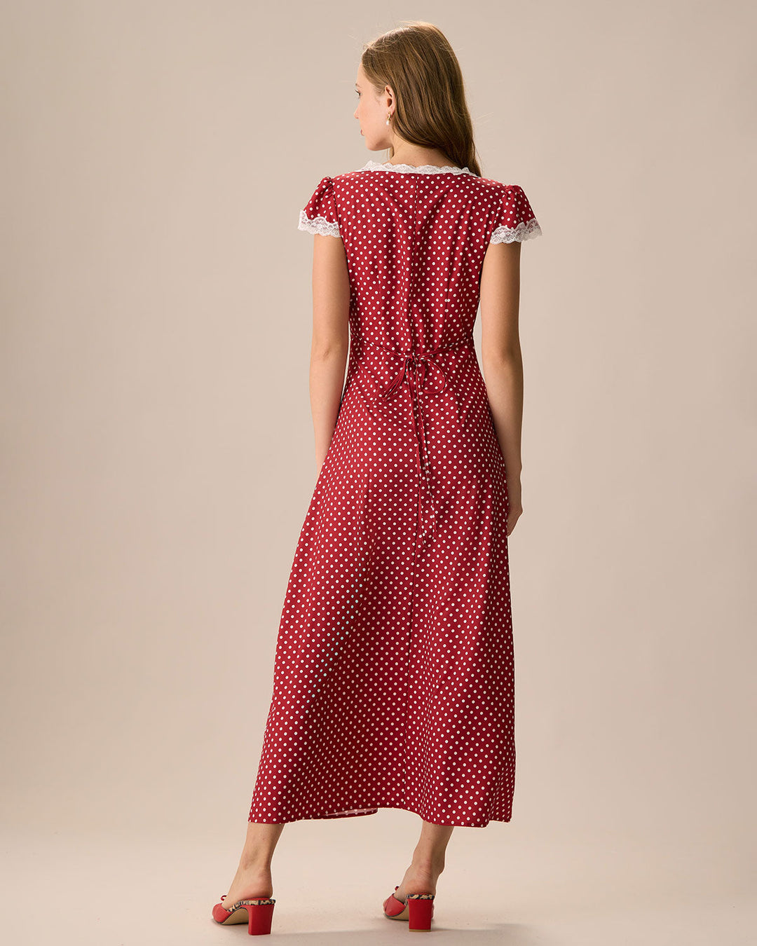 Morgan and Brooke | Red V Neck Polka Dot Lace Maxi Dress