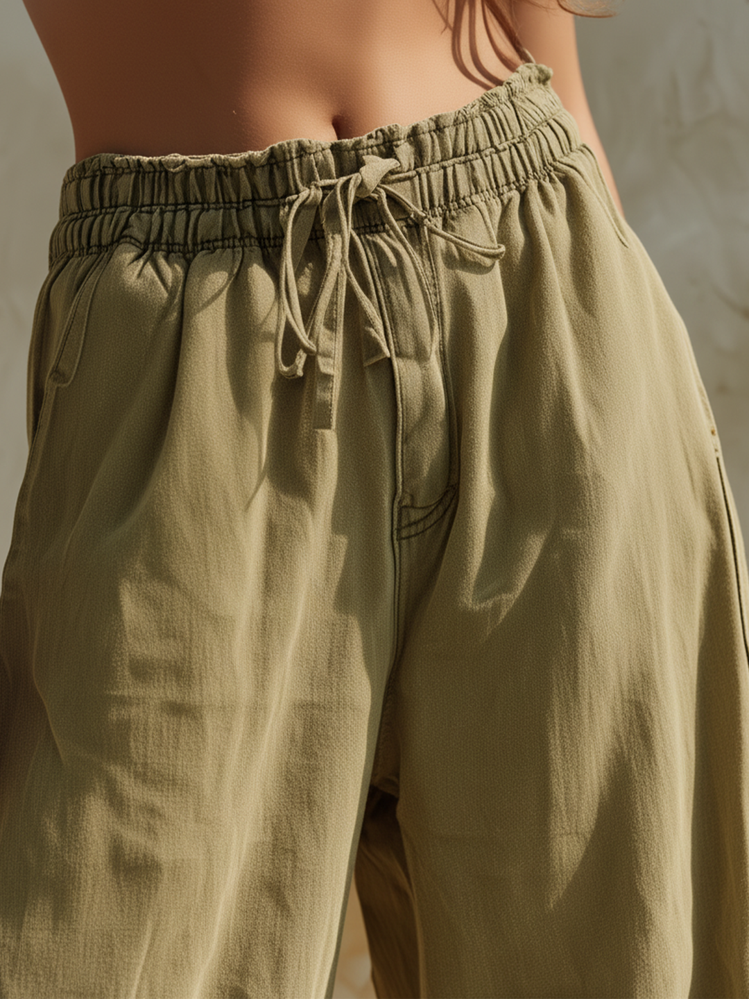 Morgan & Brooke | Olive Green Ruffle-Hem Wide-Leg Linen-Blend Pants
