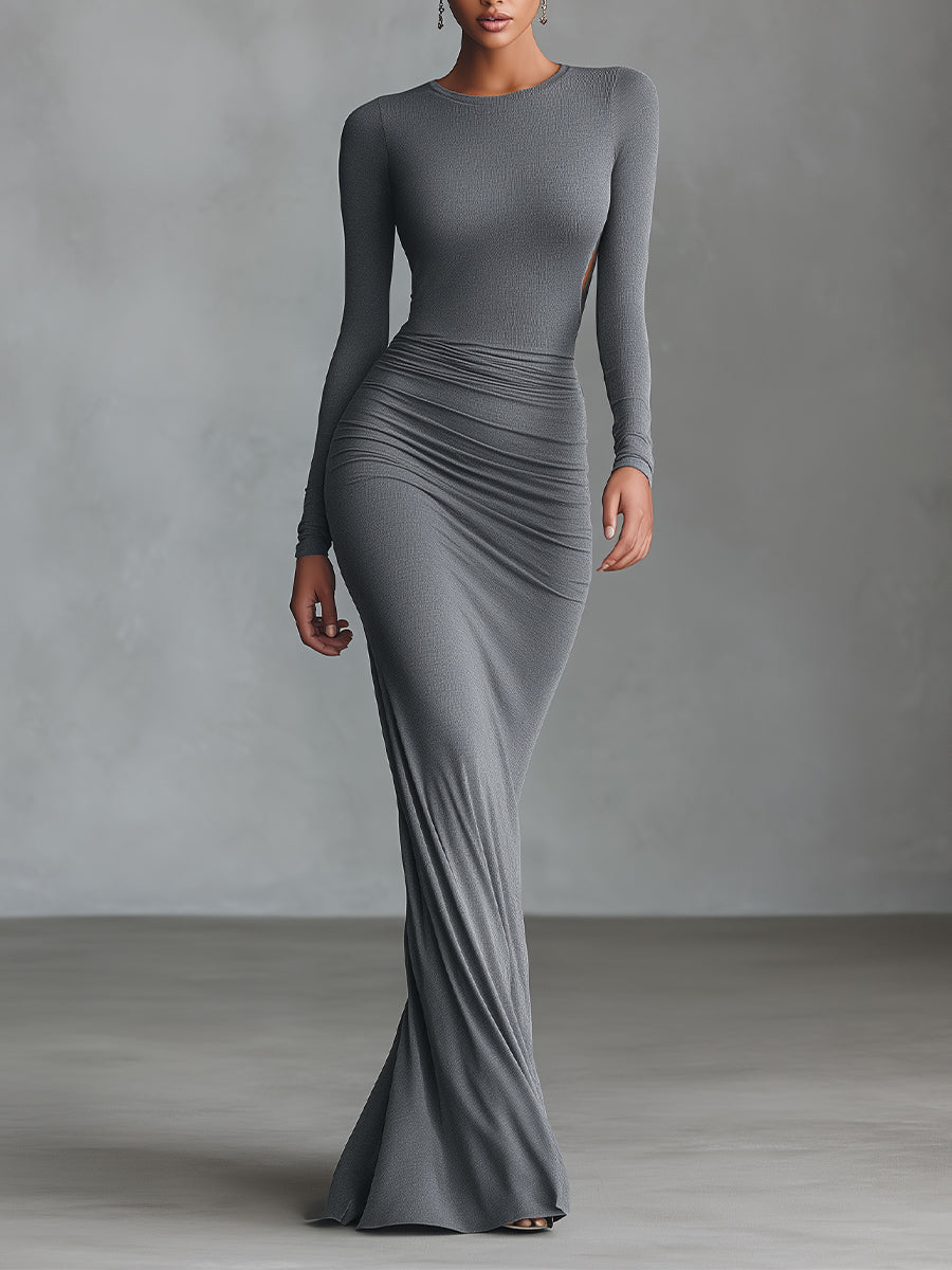 Morgan & Brooke | Grey Knit Ruched Evening Dress