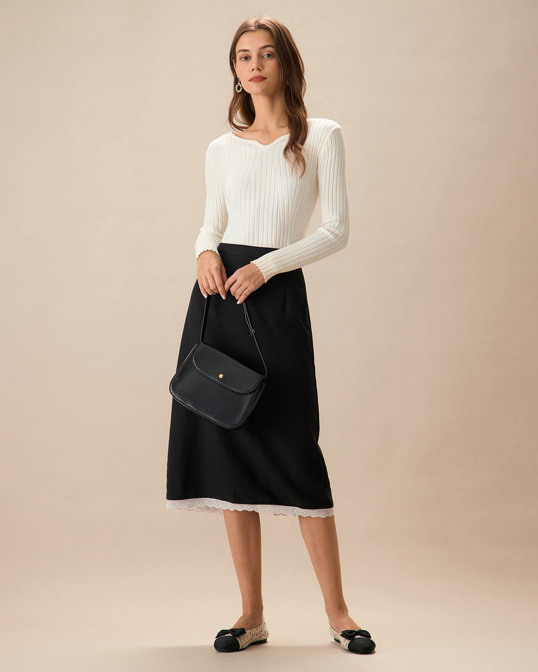 Morgan and Brooke | White V Neck Ribbed Knit Top