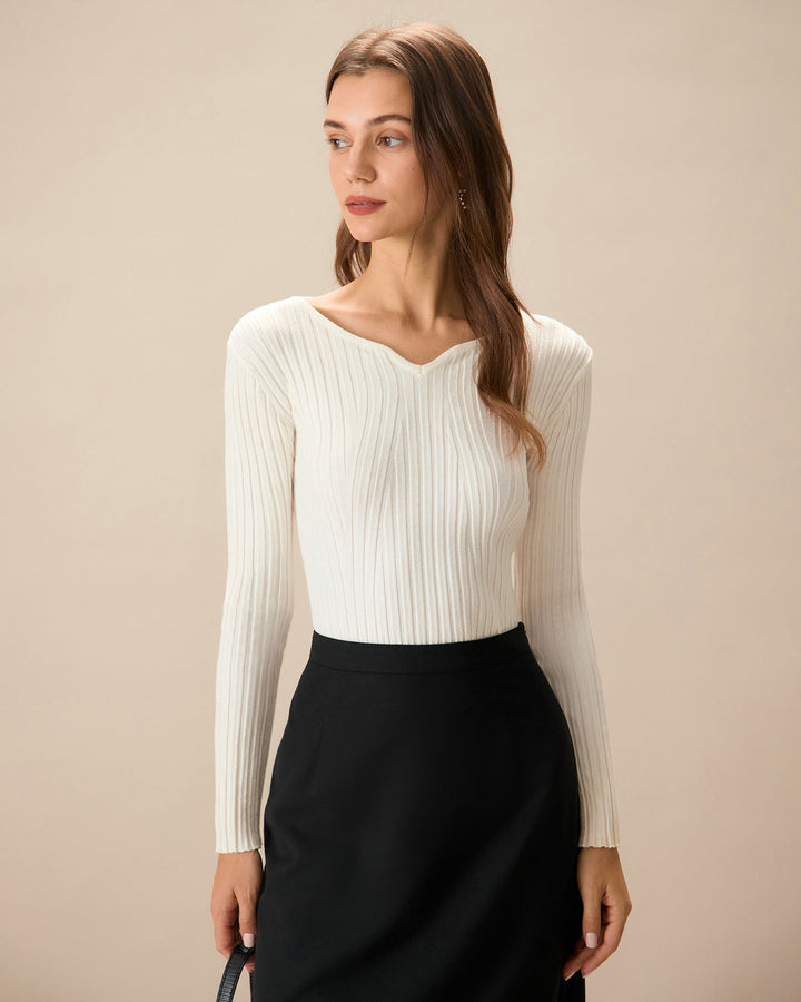Morgan and Brooke | White V Neck Ribbed Knit Top