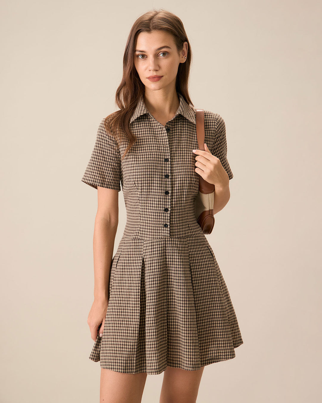 Morgan and Brooke | Brown Plaid Lapel Pleated Mini Dress