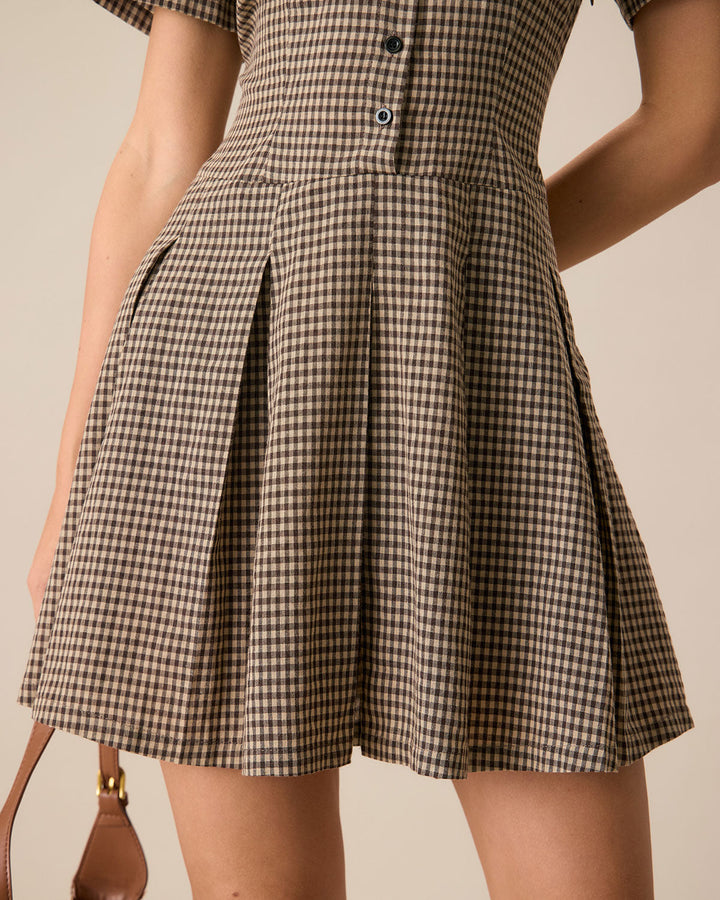 Morgan and Brooke | Brown Plaid Lapel Pleated Mini Dress