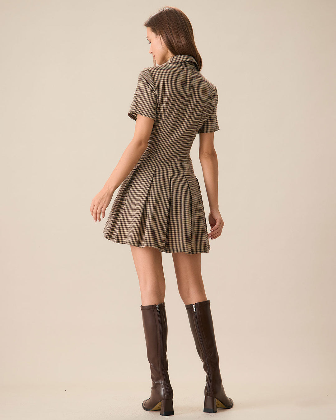 Morgan and Brooke | Brown Plaid Lapel Pleated Mini Dress