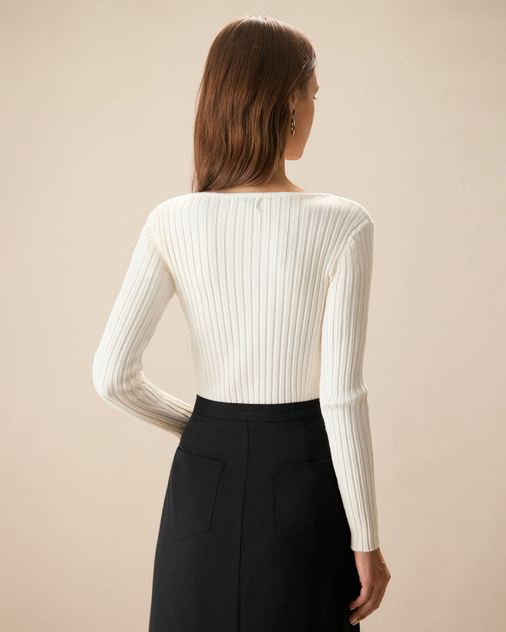 Morgan and Brooke | White V Neck Ribbed Knit Top