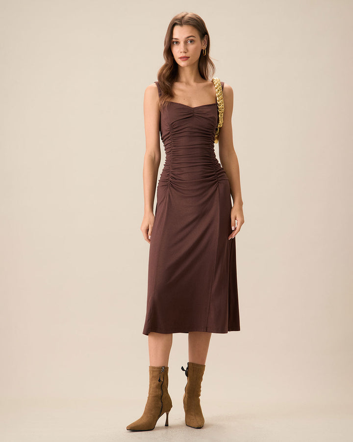 Morgan and Brooke | Coffee Ruched Knitted Slip Midi Dress