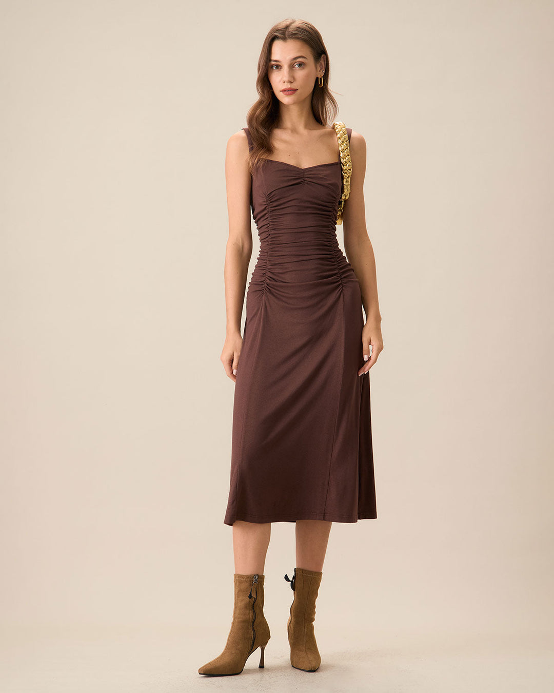 Morgan and Brooke | Coffee Ruched Knitted Slip Midi Dress