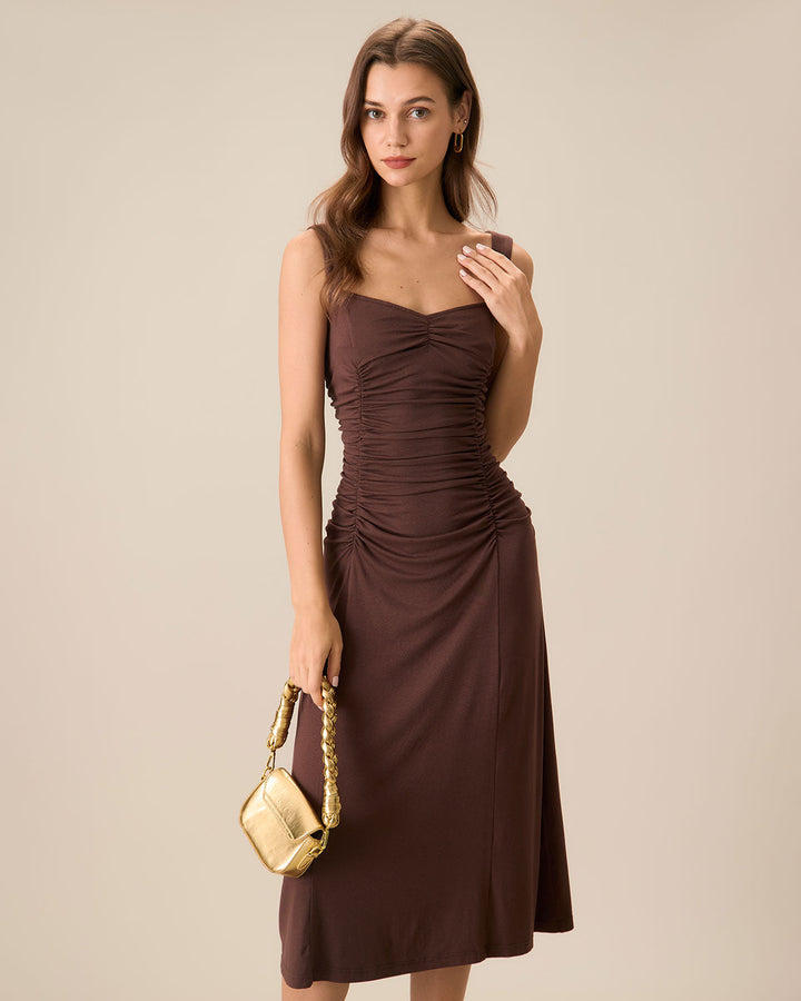 Morgan and Brooke | Coffee Ruched Knitted Slip Midi Dress