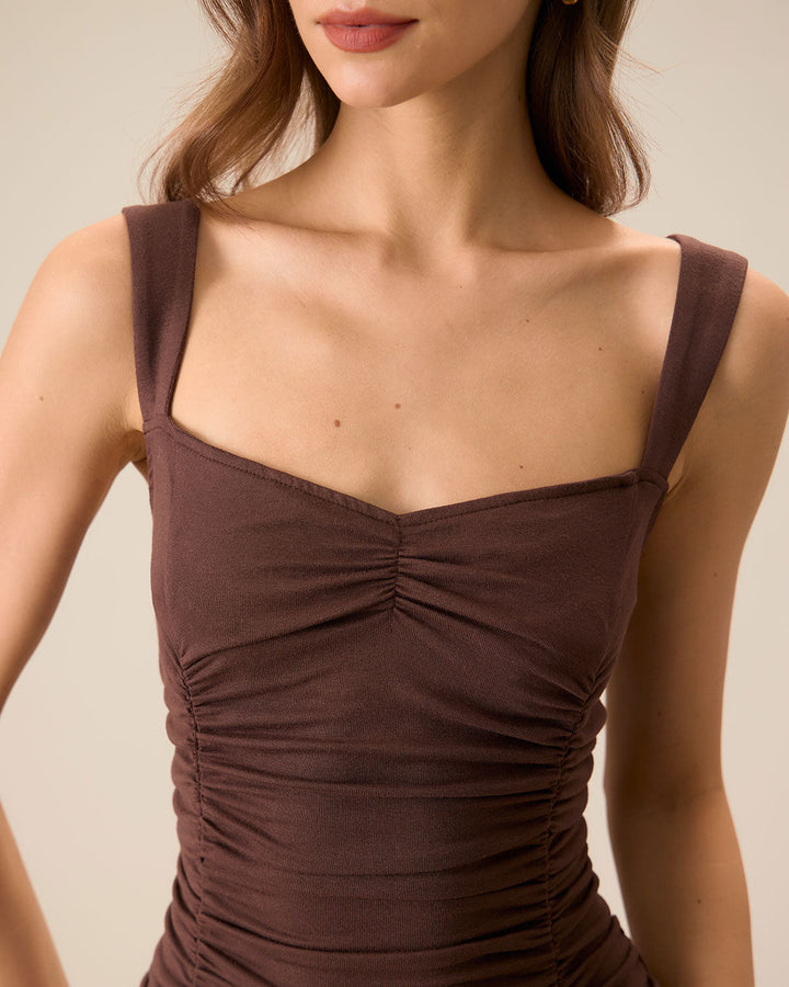 Morgan and Brooke | Coffee Ruched Knitted Slip Midi Dress