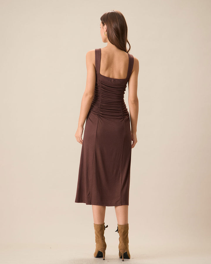 Morgan and Brooke | Coffee Ruched Knitted Slip Midi Dress