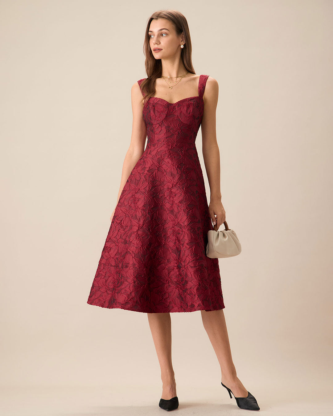 Morgan and Brooke | Jacquard Midi Dress for Women in Red with Sweetheart Neckline