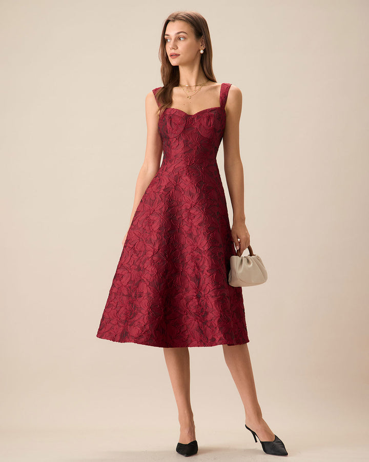 Morgan and Brooke | Jacquard Midi Dress for Women in Red with Sweetheart Neckline