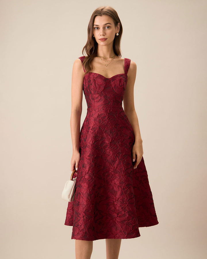 Morgan and Brooke | Jacquard Midi Dress for Women in Red with Sweetheart Neckline